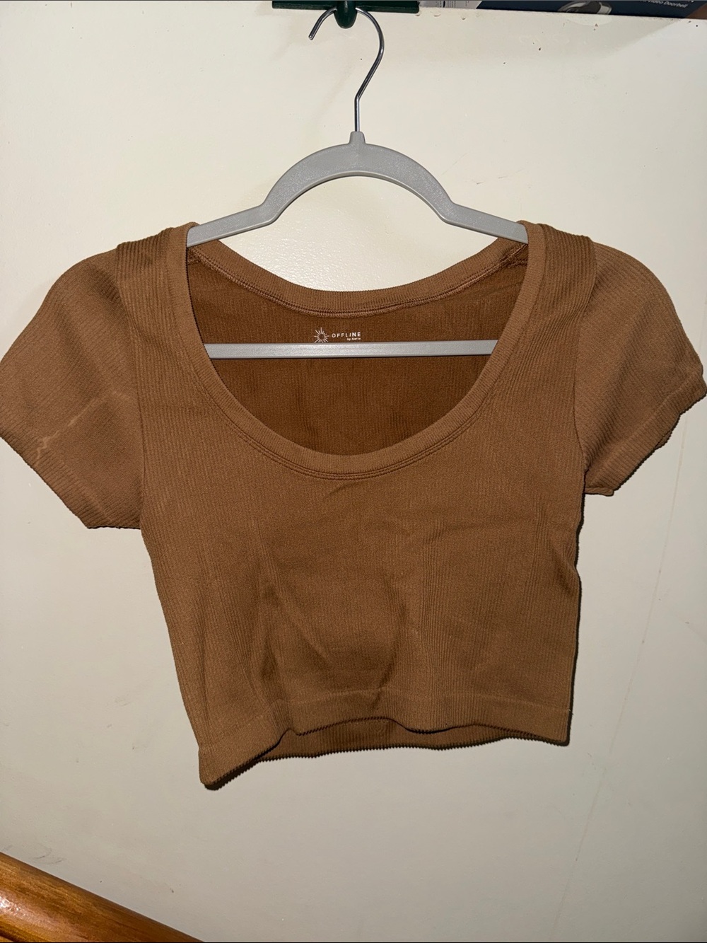 Brown Work out Ribbed Scoop Neck Cropped Top - Brand: